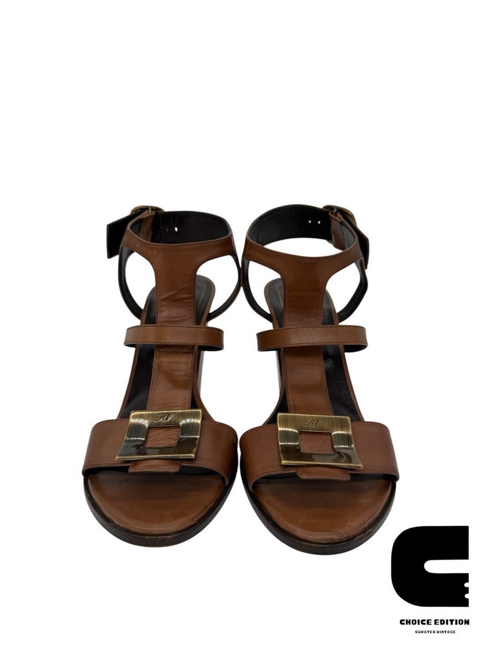 Roger Vivier Brown Leather T-Strap Sandal Heels with Brass Buckles